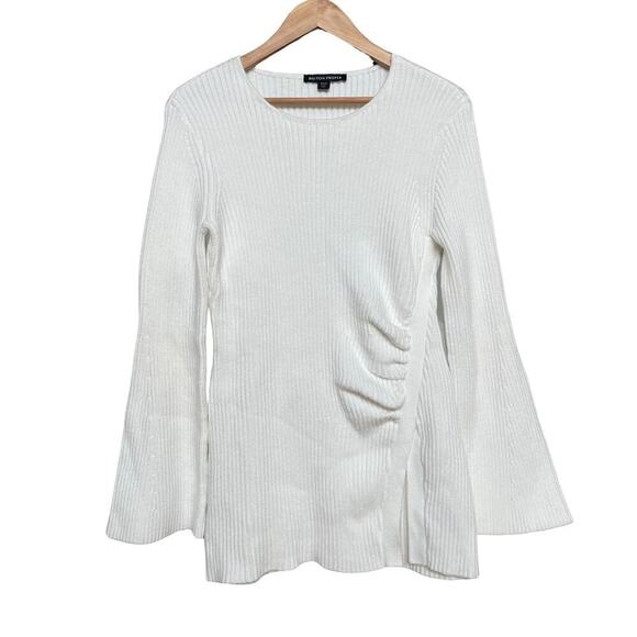 Boston Proper M Side Slit Ruched Sweater | Tunic Flare Ribbed, Off-White $200 - Picture 8 of 9